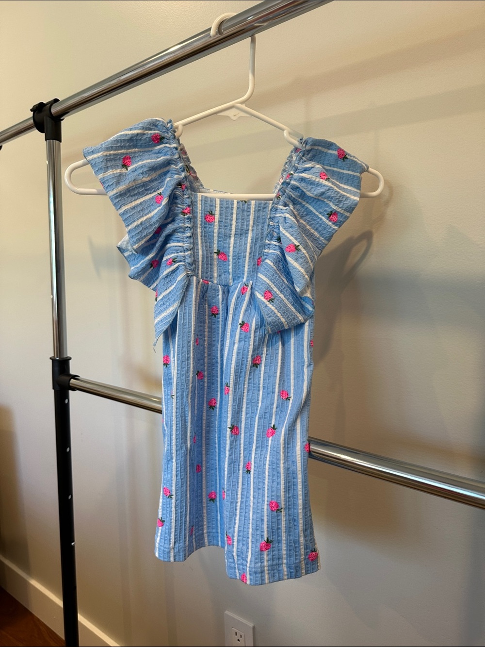 Zara Blue Stripe Dress with Pink Floral Embroidery